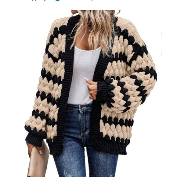Lantern Sleeve Open Front Color Block Cable Knit Sweater Cardigan Black Size XS - Picture 1 of 14